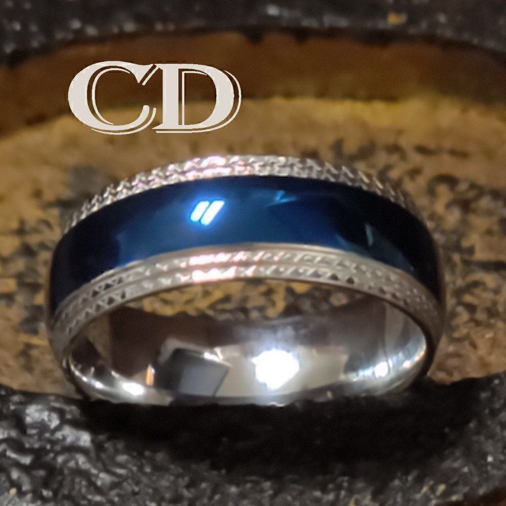 Men's Blue Domed Xband  Promise Ring Band - Guys Promise Ring Blue and Silver